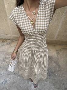 Elyressa Elegant Summer Long Woven Checkered Dress For Women - Brown - View 4