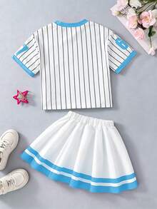 SHEIN 儿童67数字字母印花T恤和裙子两件套 - 可爱的67岁生日派对服装，男女童短袖圆领上衣和裙子，休闲日常时尚街头服饰 - 藍色 - 查看 9