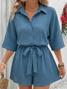 SHEIN VCAY Mono con botones y lazo para mujer de talla grande - Neblina azul - Ver 4