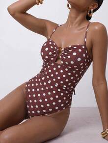 Maija Women's Polka Dot Print One-Piece Swimsuit, Casual Vacation Poka Dots Bathing Suit Bathing Suits For Women Polka Dot Polka Dot One Piece - Coffee Brown - View 6