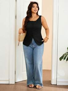 Lounesse Plus Size Women's Fashionable Solid Color Sleeveless Slit Shirt, Versatile Casual Blouse For Spring & Summer - Black - View 3