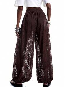 LYSMO 2026 New Minimalist Spring/Summer Women's Elastic Waist Lace Loose Lantern Pants, Coffee Brown - Coffee Brown - View 2