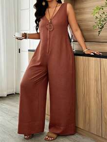Weeklong White Plus-Size Jumpsuit - Sleeveless, V-Neck & Loose Fit, Suitable For Daily Wear & Office Commute, Spring & Summer Outfit - Rust Brown - View 4