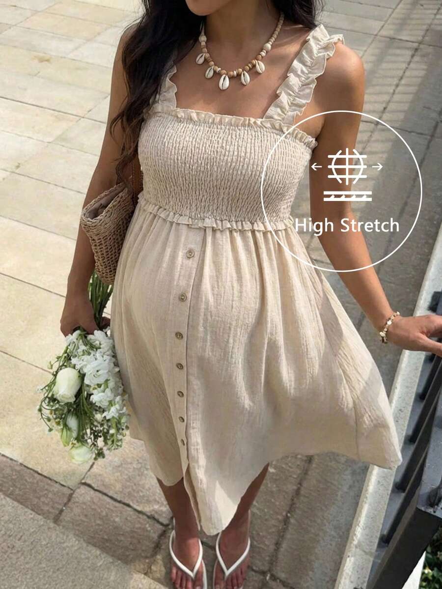 SHEIN Maternity Vacation Solid Color Button-Down Casual Dress - Khaki - View 1