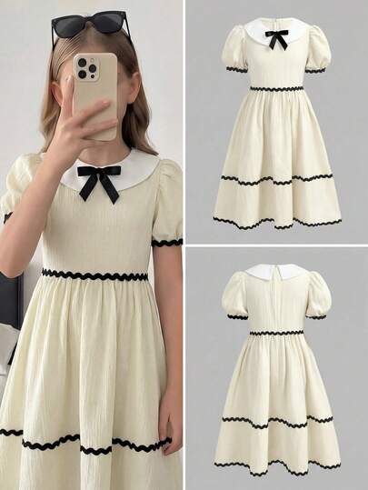 Girlism 少女连衣裙，杏色泡泡袖短外套，饰有3D杏色花朵和仿珍珠纽扣，搭配无袖连衣裙，后背隐形拉链，时尚、优雅、可爱，适合日常、通勤、派对等场合。优雅连衣裙、阳光亲吻般的裙子、公主裙、返校季、生日派对、聚会等场合的理想之选。