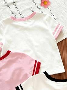 SHEIN 3件套 女童新款时尚 SS26 夏季休闲舒适撞色条纹樱桃蝴蝶结印花短袖圆领T恤，适合 - 彩色 - 查看 6