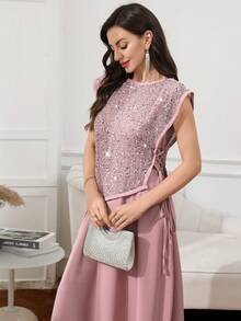 SHEIN Najma Đầm kiểu Ả Rập thanh lịch dành cho nữ, phối nhiều mảnh vải, đính sequin và thắt eo bên hông, thích hợp cho mùa hè. - Hồng - Xem 4