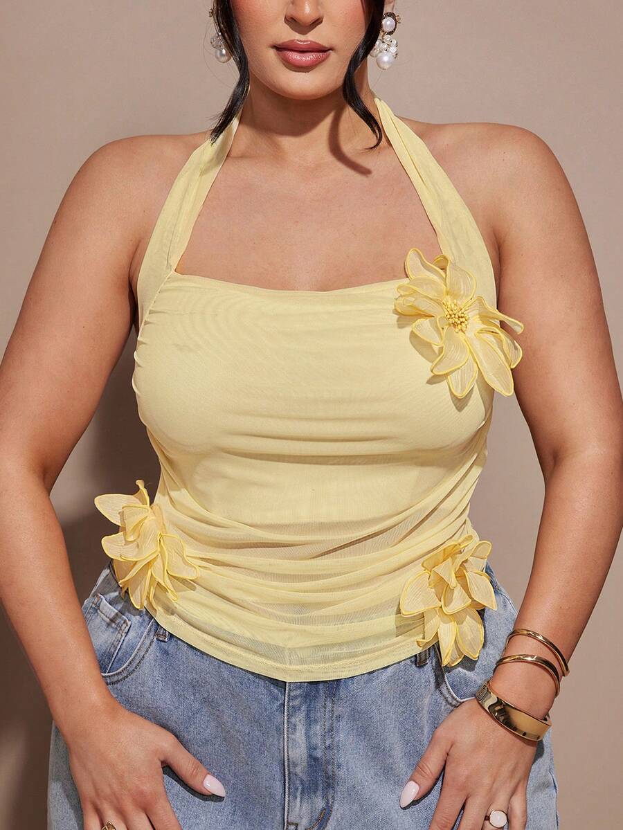 SHEIN BAE 大码女式新款黄色3D立体花卉吊带背心，春夏性感上衣