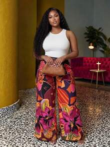Veslaya Brown Butterfly Autumn Boho Beach Gym Holiday Retro Floral Animal Print Plus Size Extra Long Trousers Street Style Wide Leg Pants Chic Casual Pants - Multicolor - View 5