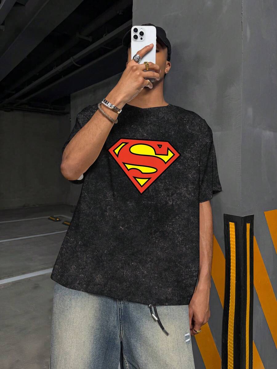 SUPERMAN X SHEIN 男士雪花图案印花短袖T恤 - 白色 - 查看 1