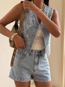 DAZY Ensemble de gilet et shorts effet jean pour femmes - Jean clair - Voir 5