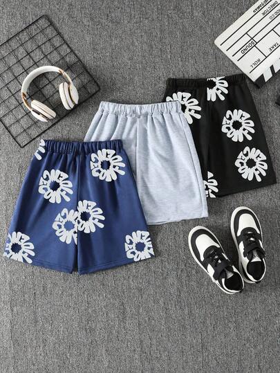 Bộ quần áo 3 món cho bé trai tuổi teen, phong cách SS26, quần short thoải mái, thời trang tối giản, phối màu, in họa tiết hoa, thích hợp cho các hoạt động ngoài trời, thể thao, giải trí, kỳ nghỉ, ở nhà và đi học.