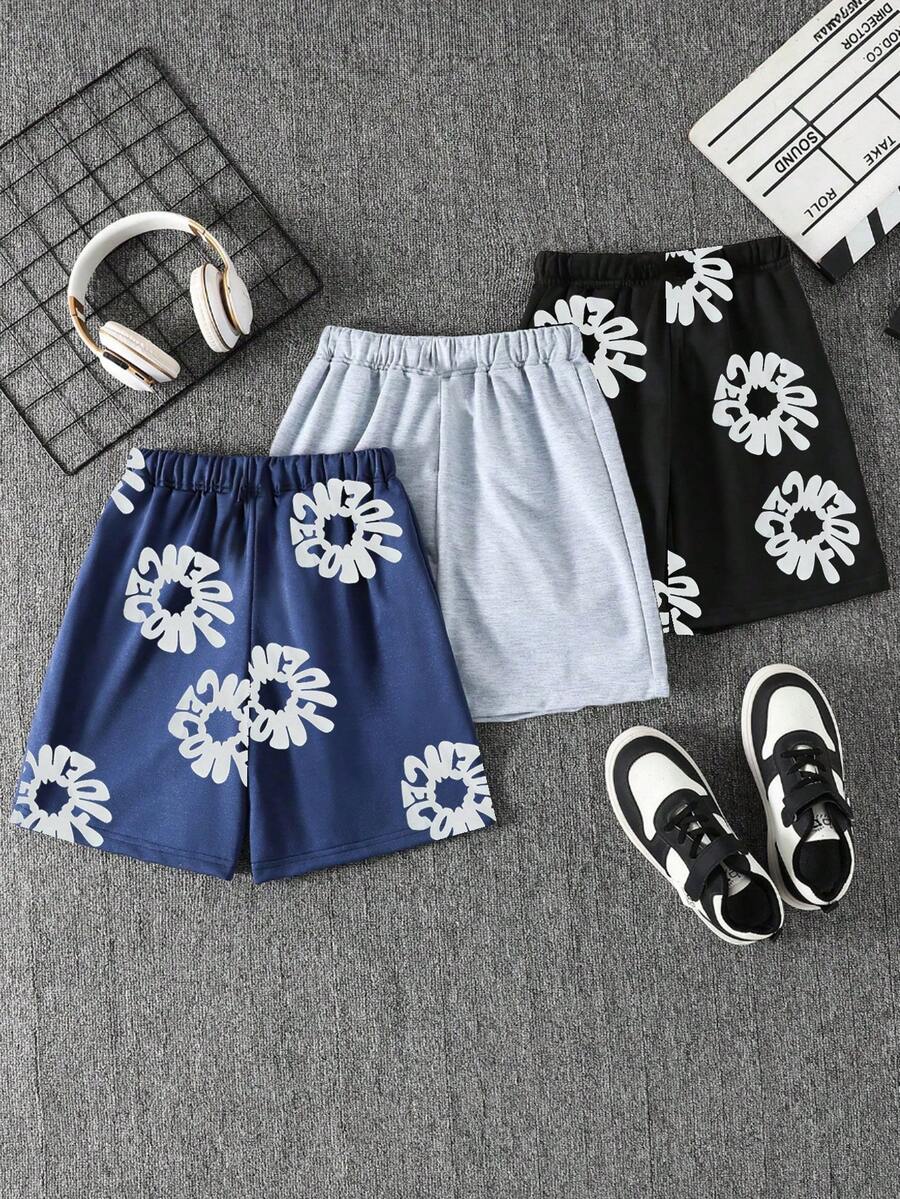 3pcs Tween Boy Shorts Set,Sky Blue,Summer,Alt,Casual,Hiking Comfort Fashion Colorblock Floral Print Shorts For Sports,Outings,Vacation,School Wear - Multicolor - View 1