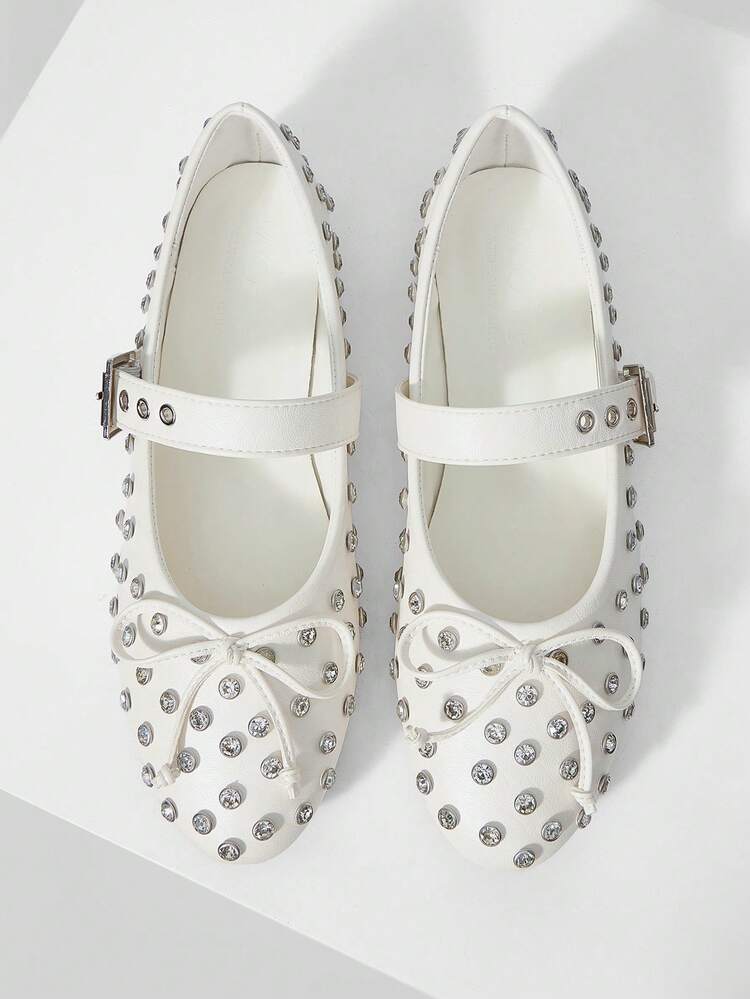 WOMEN SHOES NEW EUROPEAN AND AMERICAN FASHION RHINESTONE RIVET BOW WITH BUCKLE FLAT BOTTOM ROUND HEAD SINGLE SHOES, VERSATILE, COMFORTABLE, LIGHTWEIGHT, SIMPLE FAIRY STYLE, HIGH-END TEMPERAMENT ELEGANT MARY JANE SHOES