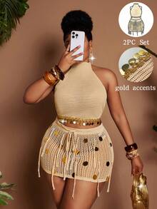 Maweii Ensemble élégant bohème 2 pièces pour femmes,Top dos nu à sequins tricoté avec col ras-du-cou & Mini-jupe ajourée à franges,Accents dorés Tenue de vacances d'été - Nude - Voir 2