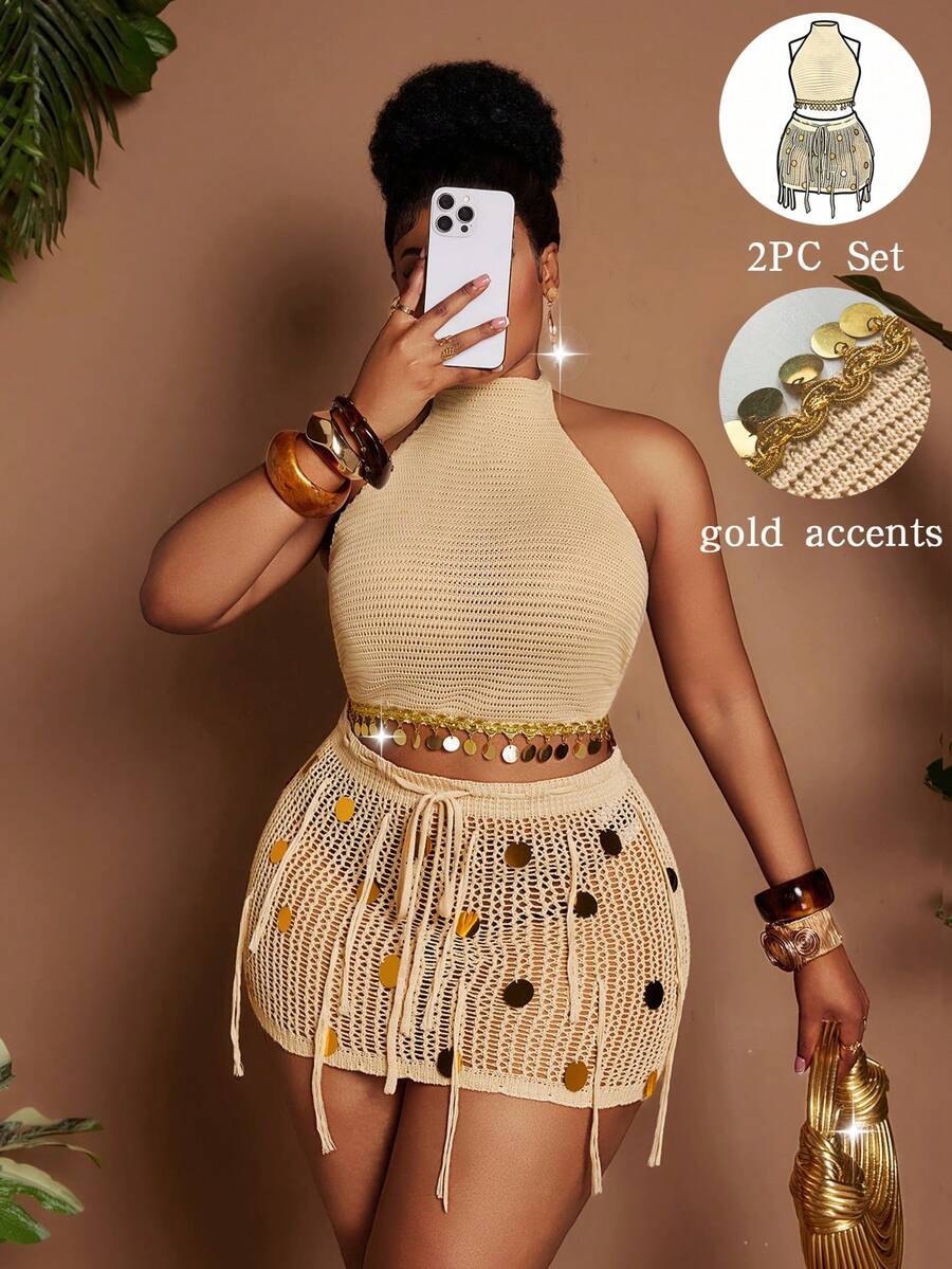 Maweii Ensemble élégant bohème 2 pièces pour femmes,Top dos nu à sequins tricoté avec col ras-du-cou & Mini-jupe ajourée à franges,Accents dorés Tenue de vacances d'été