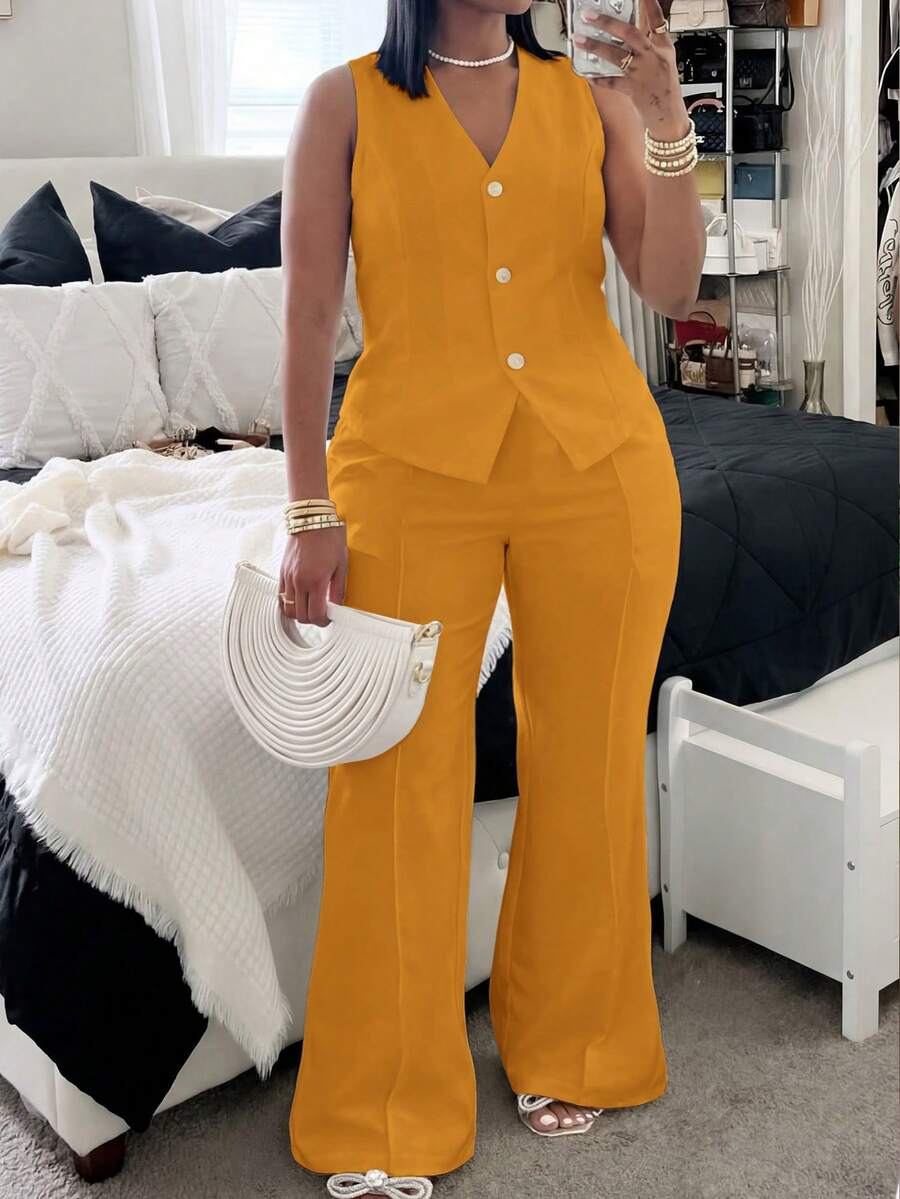 Veslaya Plus Size Women's Mustard Yellow,Summer,Elegant,Semi Formal,Work V-Neck Camisole Top And Pants Set,Boho Wedding Guest Party Graduation Vacation Outfit - Mustard Yellow - View 1