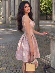 Modelyn 女士春夏粉色提花织带系腰A字吊带优雅浪漫短裙 - 粉色 - 查看 6