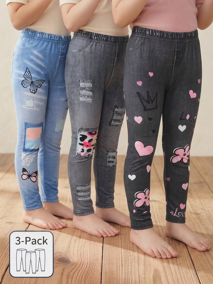 3pcs Girls' Casual Cute Graffiti Leopard, Butterfly, Cat Print Faux Denim Look Leggings - Multicolor - View 1