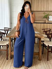Weeklong White Plus-Size Jumpsuit - Sleeveless, V-Neck & Loose Fit, Suitable For Daily Wear & Office Commute, Spring & Summer Outfit - Navy Blue - View 3