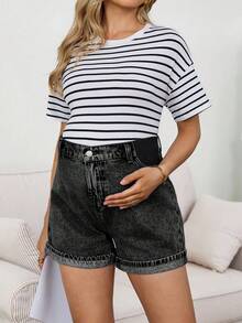SHEIN 孕妇夏季休闲日常通勤百搭水洗卷边牛仔短裤 - 黑色 - 查看 5