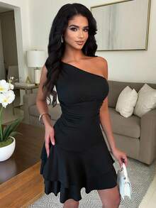Vavine Women's Black Asymmetrical Shoulder Ruched Waist Double Ruffle Hem Short Dress - Black - View 3