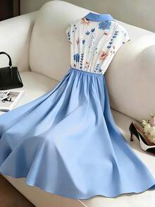 蓝白拼接印花翻领中长连衣裙，收腰显瘦，A字裙摆，夏季 - 彩色 - 查看 5