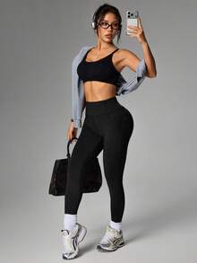 SHEIN With My Calm High Waist Slim Fit Equestrian Leggings, Black, With Phone Pocket, For Outdoor Horseback Riding Exercise - Black - View 5