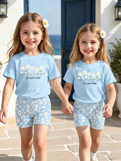 Bộ 2 món cho bé gái 4-7 tuổi: Áo thun cổ tròn tay ngắn in hoa và chữ + quần short, chất liệu nhẹ, thích hợp mặc thường ngày, đi học, ngày thiếu nhi, mùa xuân/hè/thu.