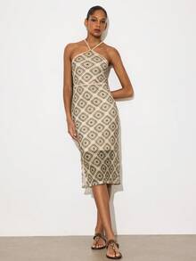 Maija Geometric Floral Print Halter Backless Mid-Length Dress,Beige Summer Boho Elegant Holiday Vacation Dinner Casual Country Concert Outfit For Women - Multicolor - View 3