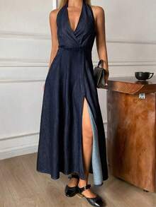 DAZY Đầm denim cổ yếm, xẻ tà bên hông, thắt eo dành cho nữ, thích hợp mặc đi biển. - Rửa tối - Xem 6