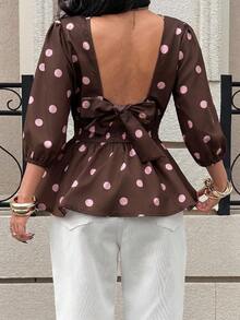 Siren Gaze Brown Polka Dot Backless Petal Sleeve Blouse For Women,Summer Top Elegant - Pink - View 2