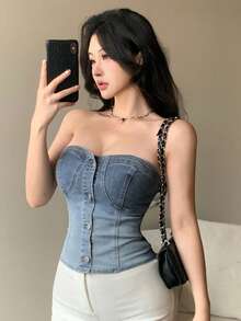 Áo hai dây lửng denim rách cho nữ, thích hợp mùa xuân và hè. - Màu xanh lam - Xem 5