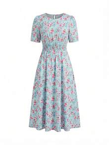 xheEllevyn Vestido de mujer romántico con estampado todo sobre, con lazo en la cintura, vestido midi para vacaciones, vestido floral rosa, vestido de primavera, vestido para té, vestido rosa para brunch, vestido floral midi de mujer para primavera/verano, vestido elegante con estampado floral rosa para vacaciones/oficina, vestido largo holgado de mujer con nudo de cable, vestido rosa para festival, vestidos florales para mujer, vestidos de verano, vestido de playa, atuendos de verano para vacaciones, atuendos de salida para mujeres, atuendos de verano para mujeres, vestido de verano para mujeres, atuendo de mujerxhe - Celeste - Ver 3