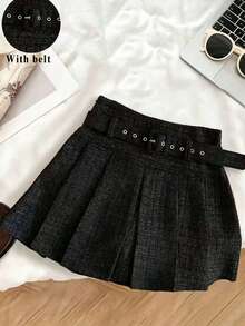 Franclia Petite Falda negra de otoño elegante de cintura alta con línea A y pliegues con cinturón & hebilla, falda escolar de lana, falda mini de moda para volver a la escuela, para mujeres de talla pequeña - Negro - Ver 1