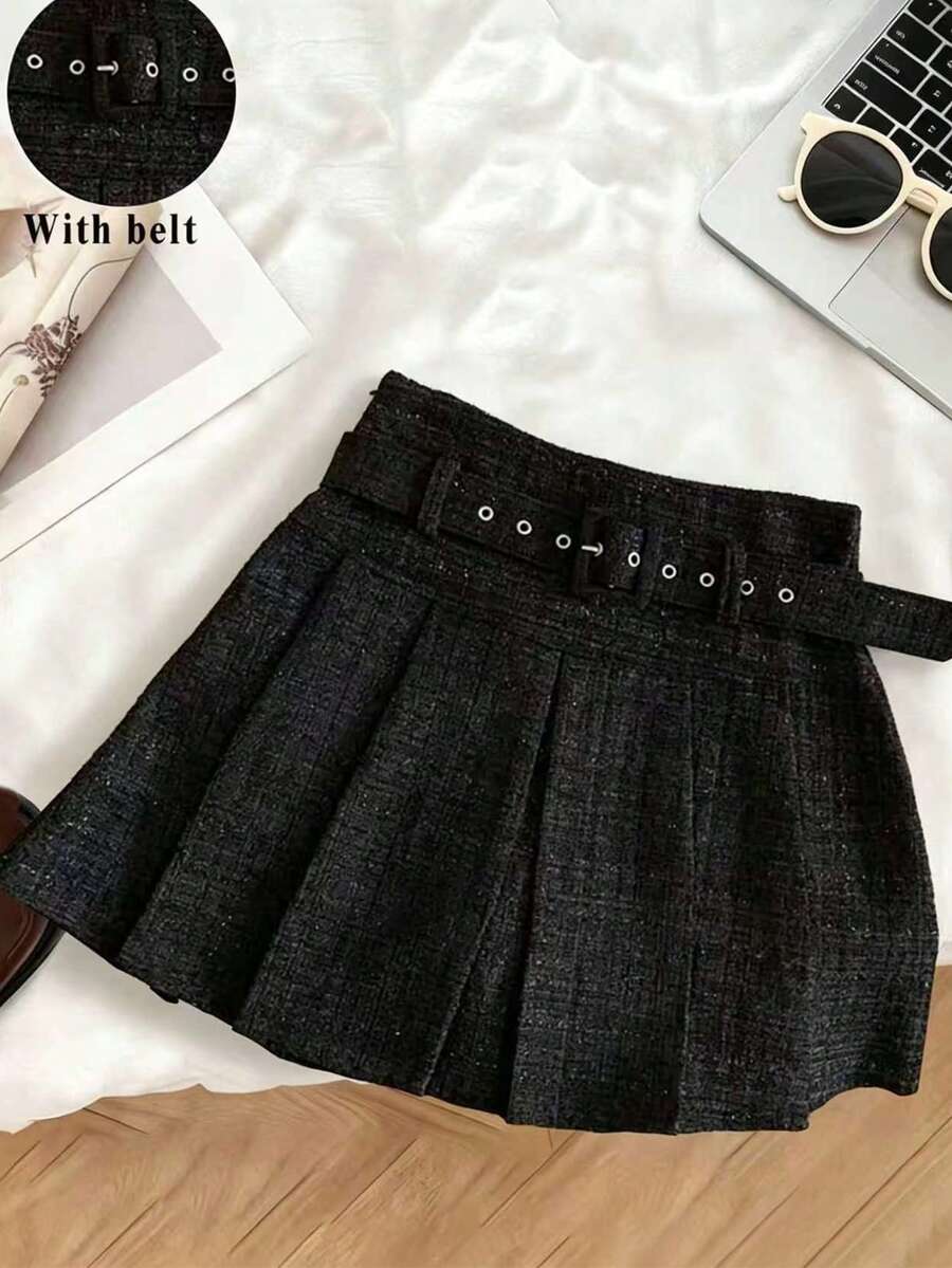 Franclia Petite Falda negra de otoño elegante de cintura alta con línea A y pliegues con cinturón & hebilla, falda escolar de lana, falda mini de moda para volver a la escuela, para mujeres de talla pequeña - Negro - Ver 1