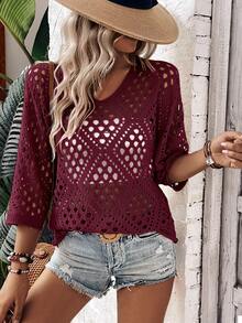 Breezaya Women's Loose Casual 3/4 Sleeve Hollow Out Knit Top - Burgundy - View 5