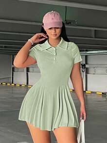 Vibekara Đầm nữ cỡ lớn mùa hè kiểu dáng thể thao thường ngày tối giản màu trơn cổ polo tay ngắn xếp ly ở eo. - màu xanh lá - Xem 1