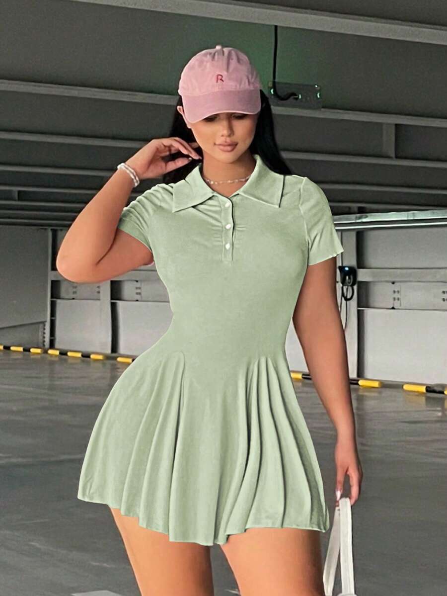 Vibekara Đầm nữ cỡ lớn mùa hè kiểu dáng thể thao thường ngày tối giản màu trơn cổ polo tay ngắn xếp ly ở eo. - màu xanh lá - Xem 1