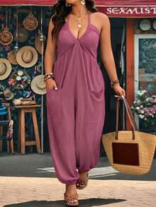 Breezaya Bộ jumpsuit cỡ lớn, chất liệu vải dệt họa tiết, cổ chữ V, có túi, dây rút, thích hợp mặc ở nhà, đi chơi và đi nghỉ mát. - Hồng - Xem 6