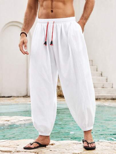 Mercer Haus Pantalones holgados de lino para hombre, pantalones harem de lino informales y amplios, pantalones cortos de pierna ancha, ligeros para primavera y otoño
