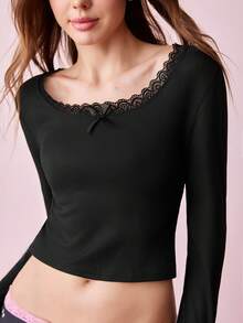 Áo lót nữ gợi cảm cổ vuông tay dài thắt nơ ren, chất liệu dệt kim gân. - màu đen - Xem 8