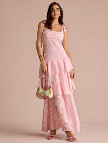 Enchnt Women's Jacquard Fashion Multi-Layer Ruffle Hem Shoulder Tie Elegant Dress - Pink - View 5