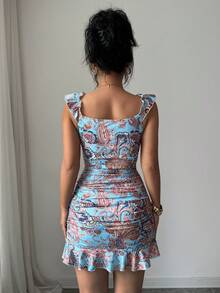 VaVaBold Women's Fashion Floral Print Sexy Ruffle Hem Dress - Blue - View 2