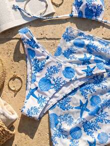 Swim Mod Bộ đồ bơi 3 món dành cho nữ, thời trang dễ thương, gợi cảm, thích hợp cho kỳ nghỉ bên bờ biển, hồ bơi, tiệc tùng. Áo bikini hai mảnh với họa tiết hoa, vỏ sò, san hô ngẫu nhiên, kiểu cổ yếm, hở lưng, buộc dây, quần bikini tam giác và váy sarong. - Nhiều màu - Xem 5