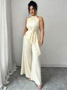 Elenzga Plus Size Solid Color Mandarin Collar Sleeveless Asymmetrical Hem Tank Top And Straight Leg Pants 2-Piece Set - Apricot - View 3