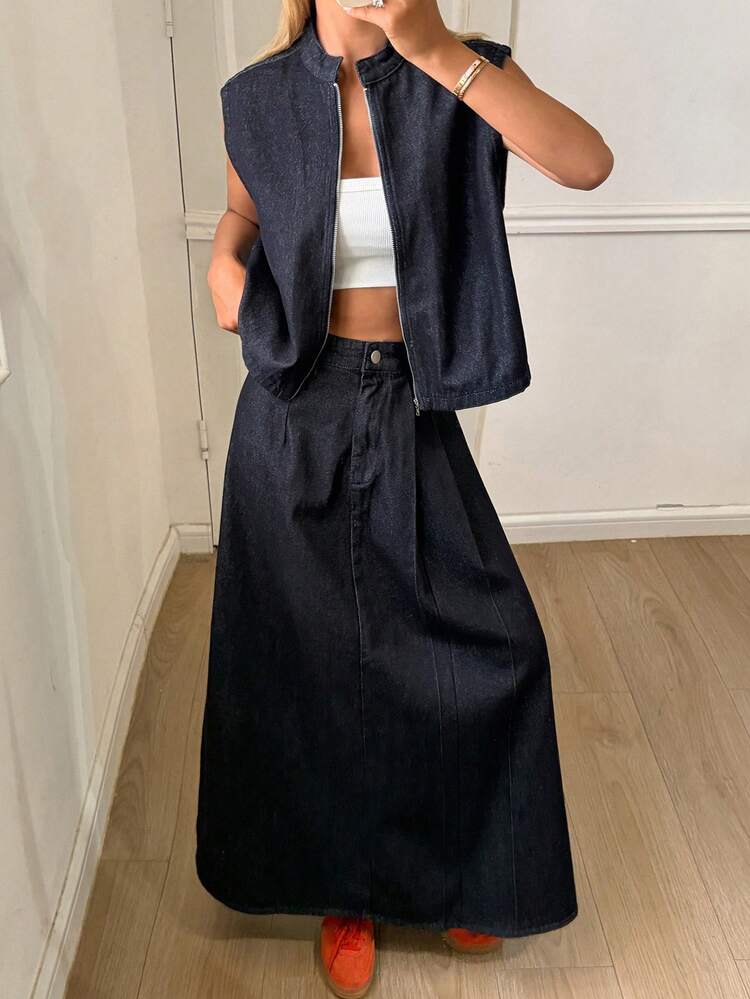Women's Sleeveless Denim Jacket With Mandarin Collar And Long Denim Skirt, Casual Street Style Washed Denim Set