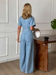 DAZY Women's V-Neck Short Sleeve Waist Cinched Casual Denim Jumpsuit Summer - Light Wash - View 5