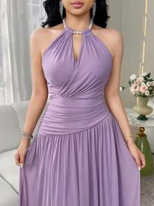 Feyla Women's Summer Solid Color Ruched Backless Halter Dress - Purple - View 3