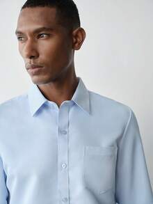 MENRIVO 男士休闲简约商务前扣口袋长袖衬衫，秋季款 - 藍色 - 查看 4